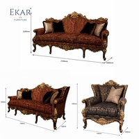 Canapé Tresor Burgundy Damask Camel-Back |   Canapé trois places de luxe sculpté en or de style rococo - EKAR FURNITURE