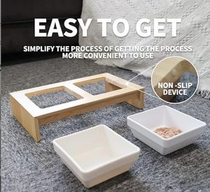 Bol surélevé en bois massif pour chat bols de nourriture pour animaux de compagnie avec support en céramique surélevée ensemble de support de vaisselle pour chat Double bol <span class=keywords><strong>station</strong></span> d'alimentation pour chat - Product Image 2