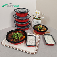 Recipiente de comida para llevar personalizado, cuenco de plástico PP de fondo redondo rojo calentable por microondas desechable con tapa