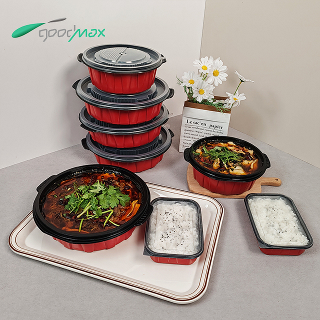 Customized Takeaway Food Container Disposable Microwave-Heatable Red Round Bottom PP Plastic Dinner Bowl With Lid