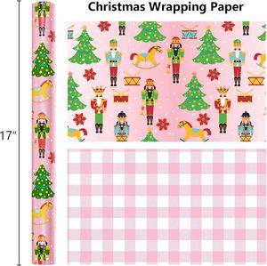 <b>Pink</b> Metallized Christmas Gift <b>Wrap</b> Paper with Nutcracker and Tree Pattern Double Side Coated for Holiday Crafting - Product Image 2