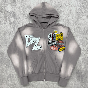 Sweat à capuche vintage épais en coton double zip, en molleton bouclette, style streetwear, brodé, délavé à l'acide - Product Image 2