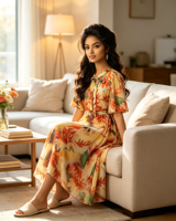 Robe MIDI pour femme en mousseline de soie, coupe trapèze, à manches courtes, col imprimé élégant avec nœud, à lacets, tendance estivale, vente en gros