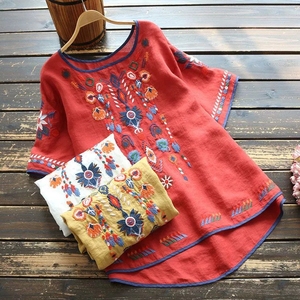 T-shirt à manches courtes pour femme, style ethnique, en coton et lin brodé, rétro, <span class=keywords><strong>littéraire</strong></span> et artistique, ample et polyvalent, pour l'été - Product Image 1