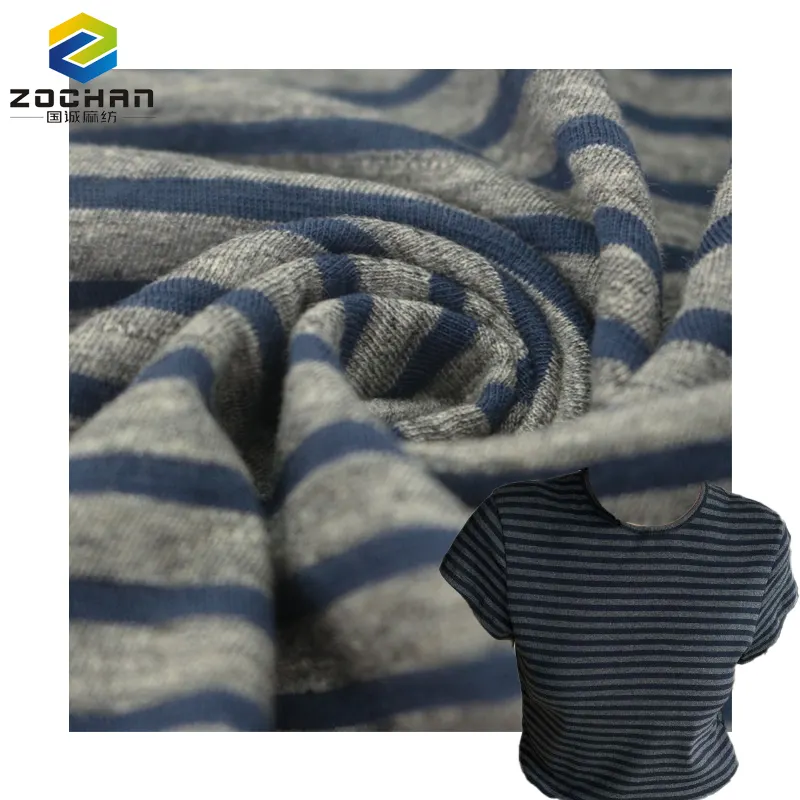 Best material lightweight textile 100% cotton slub stripe jersey Dark blue melange knitting fabric for Sportswear dress