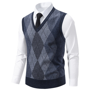 Autumn Winter Classic V Neck Sleeveless Casual Slim Fit Pullover Knitted Sweater <strong>Mens</strong> Argyle Knitwear Vest Tops - Product Image 5
