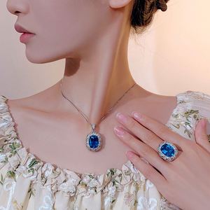 Wholesale Fashion Jewelry Eco-friendly Brass Gold Plated 12*16MM Blue Cubic Zirconia Pendant and Earring Set - Product Image 6