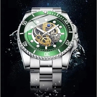 BINBOND jam tangan gelang mewah untuk pria, jam tangan pria mode baja tahan karat tahan air, jam tangan Skeleton Quartz untuk pria