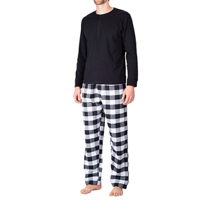 Ensemble de pyjama 2 pièces respirant pour homme avec pantalon en flanelle de coton et t-shirt Henley à manches longues Comfortable PJ Combo - Product Image 3