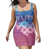 Robe décontractée tendance en gros, motif drapeau haïtien, robe moulante sans manches élastique, robe élégante et sexy à col en U pour femmes