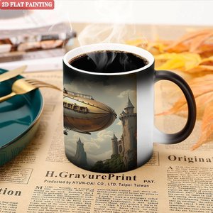 Taza Blanca Esmerilada Negra de 11 oz, Taza Mágica de Cerámica Sensible al Calor con Diseño de Castillo de Dirigible, Pintura Plana 2D - Product Image 5
