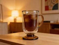 Mug en verre à double paroi avec base sur pied et anse multicolore pour café, thé, latte, cappuccino chaud