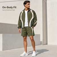 Ensemble de survêtement décontracté léger pour homme, style automne, délavé à l'acide, avec veste à col montant et fermeture éclair intégrale, short à cordon de serrage, empiècements contrastants, respirant