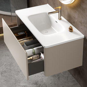 Mueble de <span class=keywords><strong>Baño</strong></span> Flotante Moderno Minimalista Estilo <span class=keywords><strong>Bauhaus</strong></span>, Espejo Inteligente Colgante de Pared de Aleación de Aluminio, Lavabo de Cerámica, para Comedor o Villa - Product Image 4