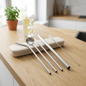 Reusable <b>Metal</b> Drinking <b>Straws</b> Set 3Pcs Minimalist Travel Cutlery with Spoon and Cleaning Brush in Carry Case - Product Image 4
