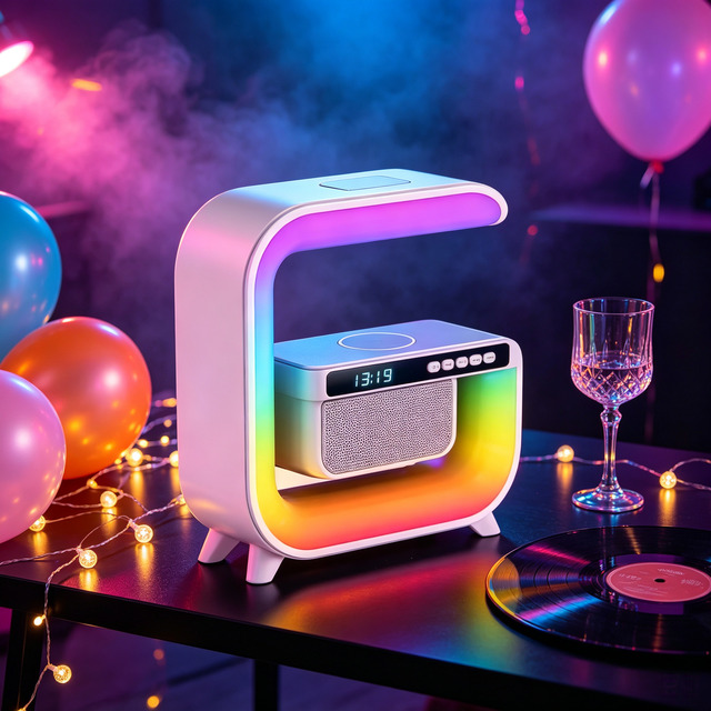 Bedroom Decor G Shape Speaker Qi Wireless Charger RGB LED Light Alarm Clock Premium Desktop Audio Gift Subwoofer Speaker
