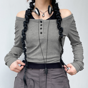 Camiseta de manga larga acanalada para mujer, camiseta con botones en la parte delantera y hombros descubiertos, estilo coreano para uso diario - Product Image 1