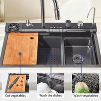 Évier de cuisine en acier inoxydable 304/201, cascade LED, multifonctionnel, fait à la main, évier de cuisine à cuve unique avec robinet
