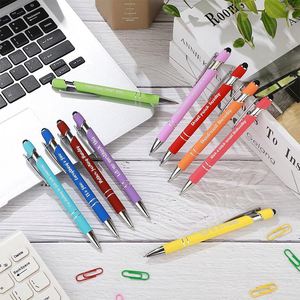 Stylo publicitaire personnalisé 2-en-1 pour écoles de commerce, avec stylet tactile mobile et encre bleue/noire, en métal durable - Product Image 2