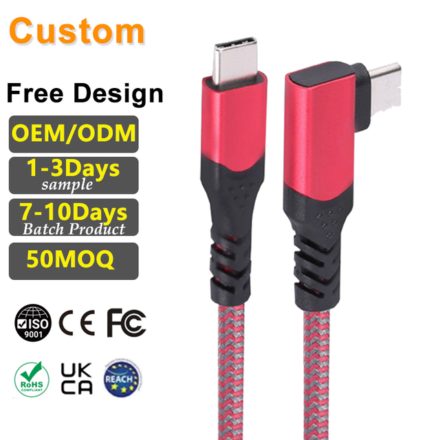 Custom logo 2M Nylon Plastic Tinned Copper USB C Data Cable 90 Degree Fast Charge 10Gbps Sync 5A PD Type C Nylon Charging Cord