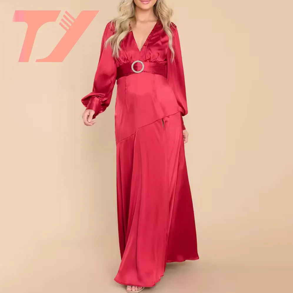 TUOYI Más Popular Vestido de Fiesta Asimétrico Escote en V Profundo Manga Larga Cinturón Elegante Rojo Rubí Maxi Vestidos