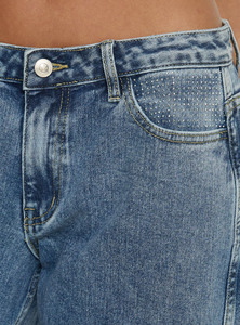 Women's Mid Straight Jeans Y2K Casual Sexy Vintage Wash Rhinestone Embellished Rolled Cuff Baggy Denim - Product Image 4