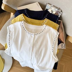 Women's Sleeveless Cotton <b>Linen</b> Vest Yellow Round Neck Button Front Breathable Summer <b>Top</b> - Product Image 4