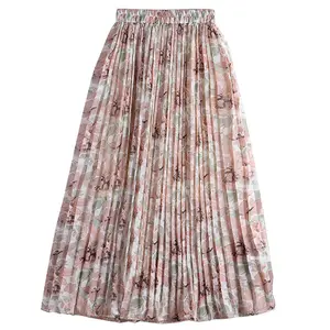 Modieuze Bloemen Gedrukt 2022 Nieuwe Geplooide Rok Voor Vrouwen Chiffon Maxi Zomer Lange Rokken