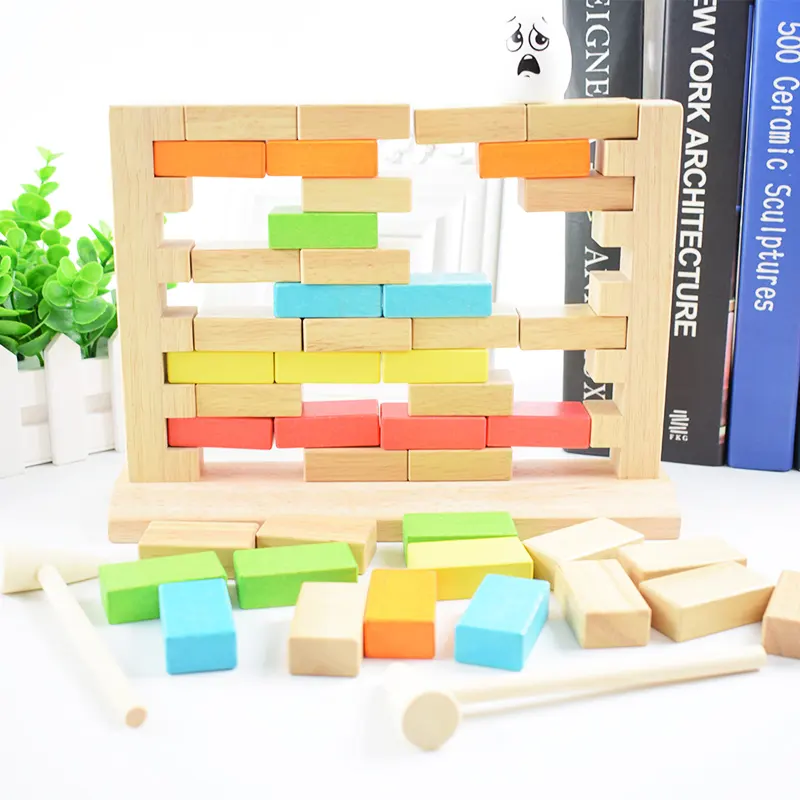 hot sale macaroon color build the wall game kids 3D wooden building blocks toys learning educational math toys smart eggs