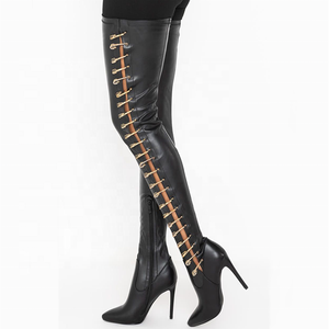 Custom Stiletto Heel Black Thigh High <b>Boots</b> Big Size 43 Side Buckle Hollow Sexy Women Long <b>Boots</b> High Heel Shoes - Product Image 6