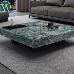 Nội thất phòng khách sang trọng hiện đại Bàn cà phê vuông hiện đại với đầu travertine và đế kim loại làm từ đá cẩm thạch - Product Image 4