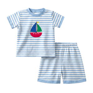 Puresun Wholesale Toddler Boys Sailboat Applique Stripe Short Sleeve Tee Shorts <strong>Sets</strong> 100% Cotton <strong>Kids</strong> <strong>Pajamas</strong> 1-6 Years - Product Image 3