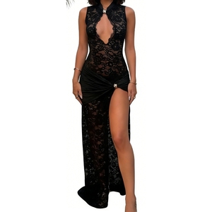 Robe longue en dentelle pour femme, sans manches, avec fente haute, en dentelle transparente, col mandarin, pour mariage et soirée, tendance - Product Image 1