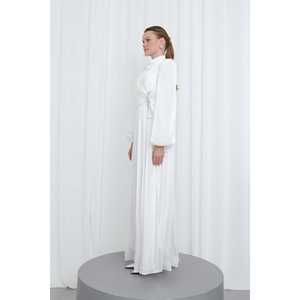 ชุดราตรีผู้หญิงทรงเอไลน์ผ้าชีฟองคอสูงจับจีบแขนยาวเอวธรรมชาติระบายอากาศได้ดีสีขาว - Product Image 2