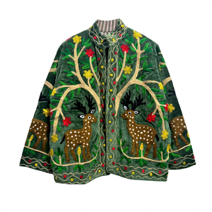 Chaqueta de Algodón Verde Terciopelo con Cuello Mandarín, Manga Larga, Bordado Floral, para Mujer, Ideal para Regalo o Fiesta, Ropa de Invierno - Product Image 1