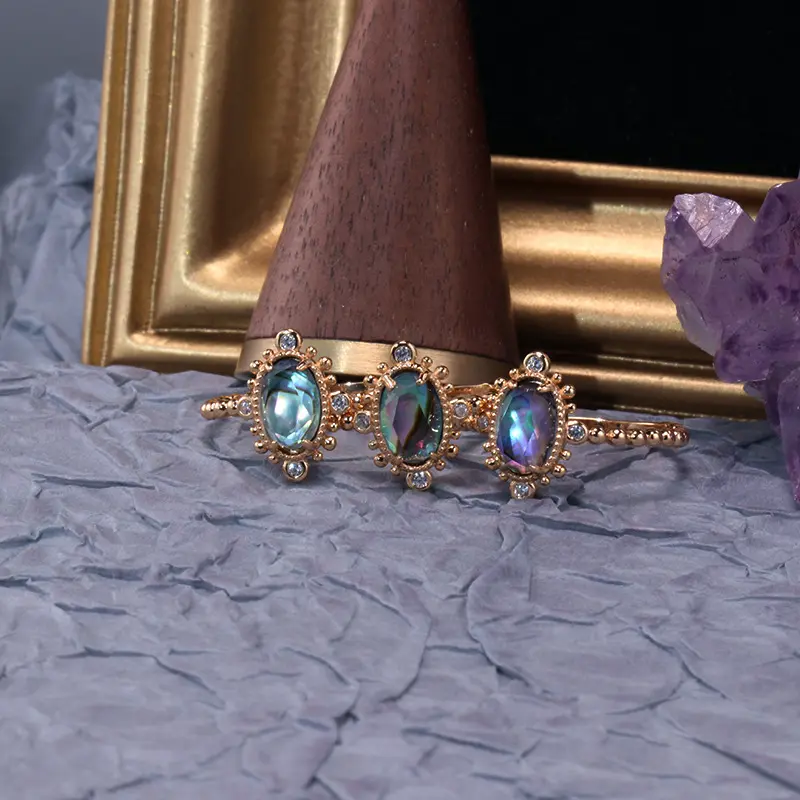 Women Girls Jewelry 18k Gold Plated Stacked Beaded Natural Abalone Shell Crystal 925 Sterling Silver Finger Ring