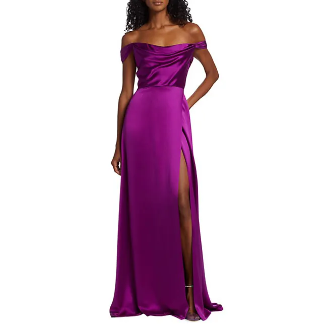 Summer Fashion Women Custom Hot Short Sleeves Purple Elegant Gown Classic Soft Satin Off The Shoulder Evening Dress For Girls