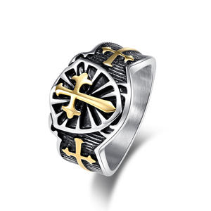 Shield Cross <b>Titanium</b> Steel <b>Ring</b> For <b>Men</b> Stainless Steel Jewelry Gift Band With Gold Accent Design - Product Image 5