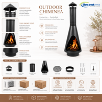 Brasero extérieur moderne en fer noir mat, conique, à ouverture en forme de goutte d'eau, avec capuchon de cheminée cylindrique, pour brûler du bois