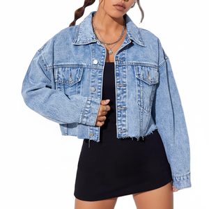 Chaqueta de corredor de mezclilla de punto recortada desgastada para mujer, ajustada, de gran tamaño, transpirable, de manga larga, ropa de calle de moda Vintage - Product Image 1