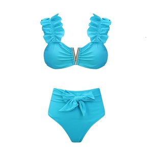 Women's High Waisted Bikini Sets Tummy Control Swimsuits Ruffle Wrap V Neck Bathing Suits