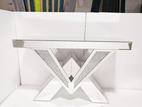 Table de console miroir argentée en forme V, table de couloir avec insertion de diamants écrasés, pour le salon, nouvelle collection