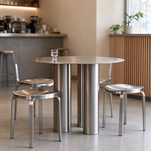 Muebles de Restaurante Modernos, Mesa Redonda de Acero Inoxidable Industrial y Juego de Taburetes Metálicos - Product Image 5