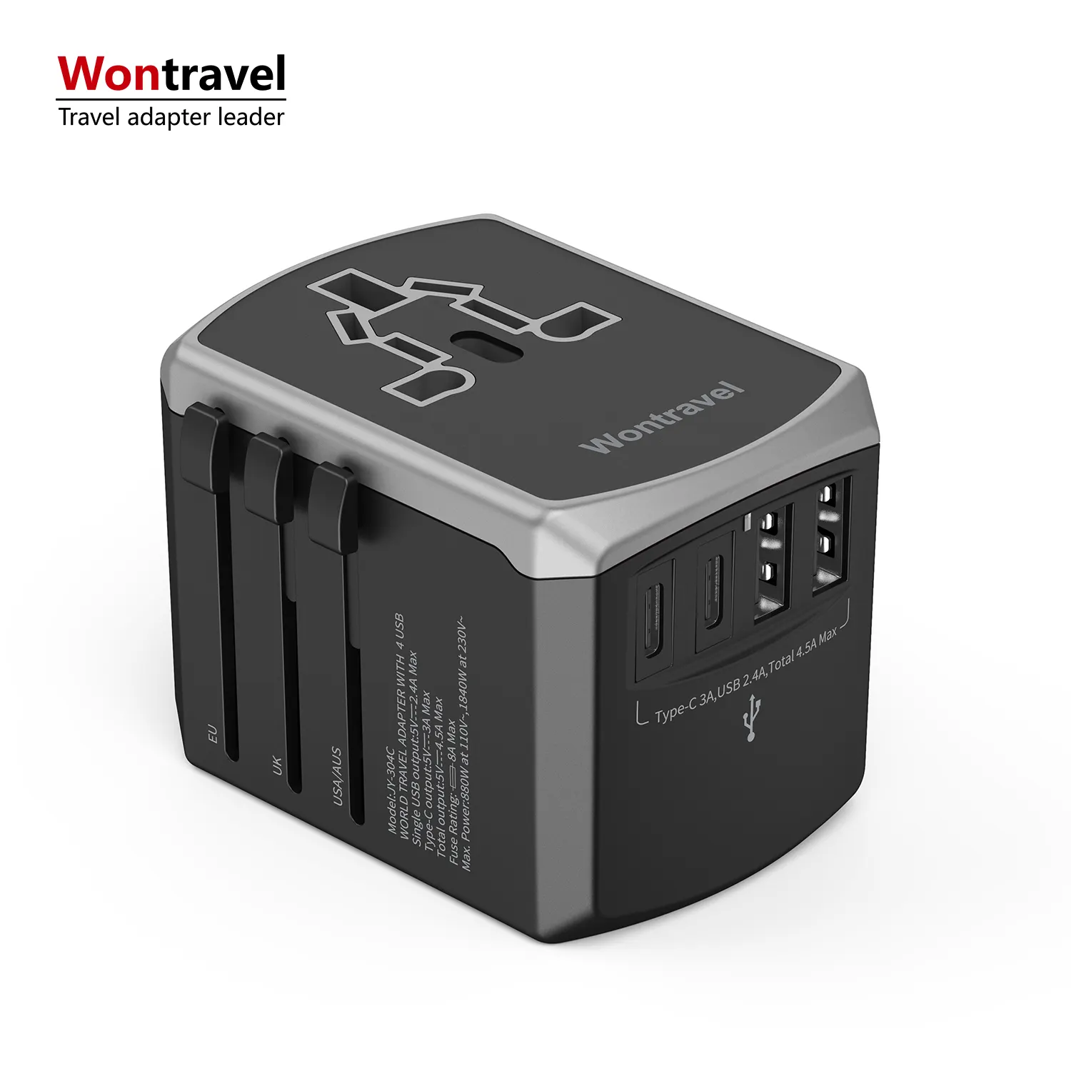 Wontravel Dual Type-C 4 พอร์ตปลั๊กหลาย 1840W อะแดปเตอร์เดินทางสากลสําหรับงานหนัก 3 ถึง 2 อะแดปเตอร์เดินทาง