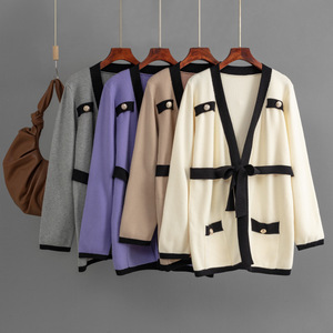 Nuevo suéter de mujer Prendas de punto Cuello en V Contraste Color con cordones Botón de talla grande Manga larga Cárdigan de moda de viaje - Product Image 5