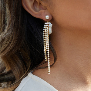 <b>Tassel</b> Drop <b>Earrings</b> With Pearl And Rhinestone Chain Gold Plated For Party Fashion Jewelry - Product Image 3