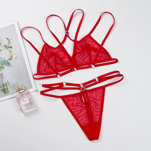 Ensemble Lingerie Femme 2 Pièces en Maille Transparente – Bralette Triangle et String à Bretelles Réglables – Tenue Intime Sexy - Product Image 1