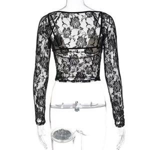 Peeqi剪裁玫瑰蕾丝透视网眼长袖裁剪上衣和裤子休闲派对俱乐部穿性感女性2件套街装 - Product Image 3