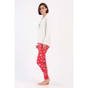 Conjunto de pijama de licra para mujer con cuello redondo, manga larga, pantalón corto y pantalón largo con puños - Blanco roto - Product Image 3