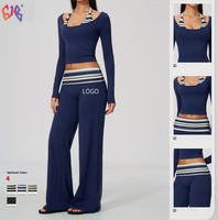 Ensemble de yoga 2 pièces pour femme : haut à manches longues color block coupe ajustée et pantalon large taille haute – Tenue de sport et d'entraînement – Vente en gros